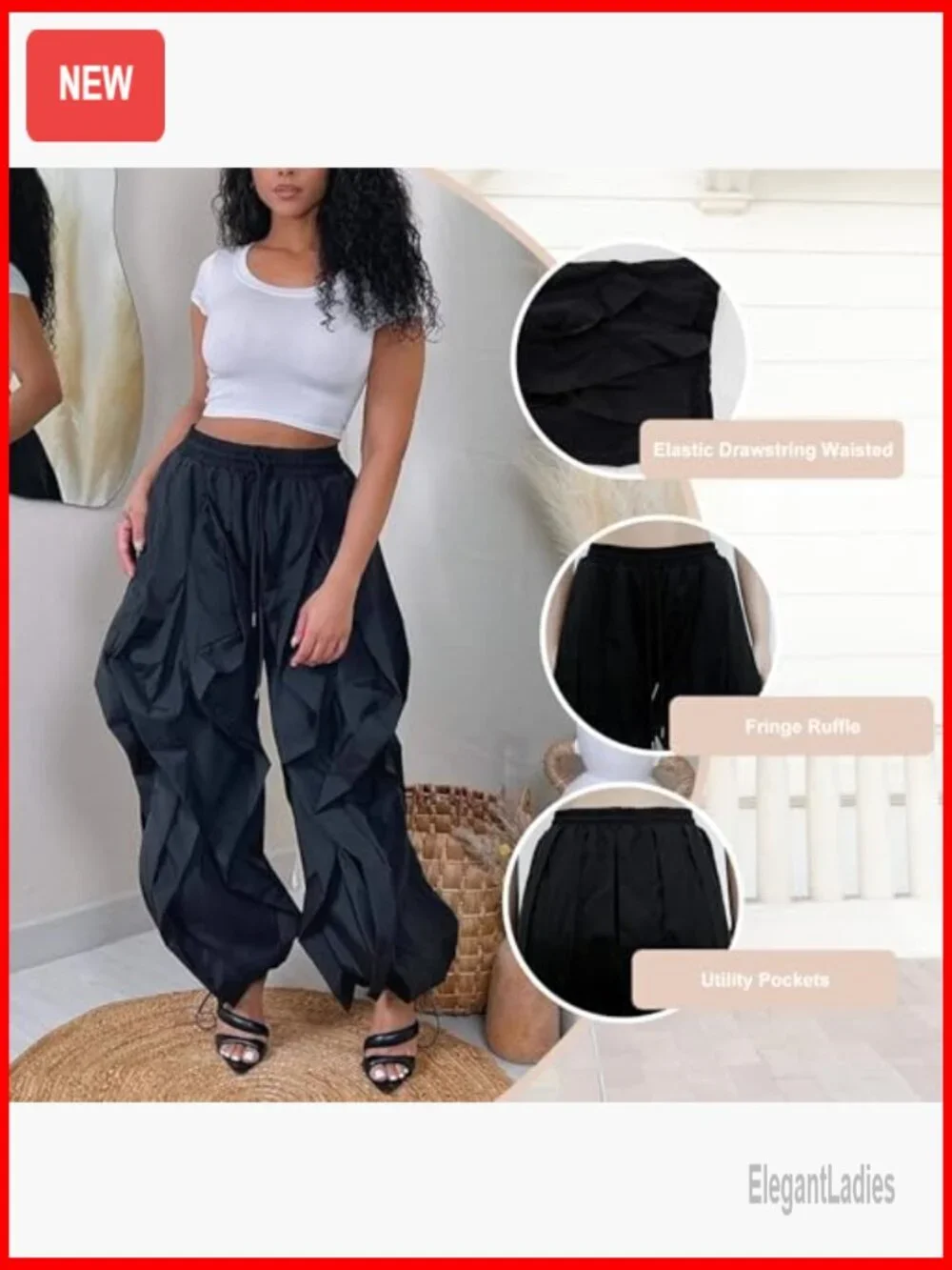 Baggy Ruffle Fringe Pants Drawstring Elastic Waist Wide Leg Jogger Sweatpants